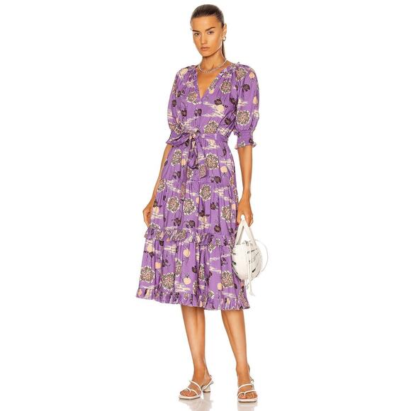 Ulla Johnson Dasha Poplin Midi Dress Purple Floral Pockets Whimsical Size 6